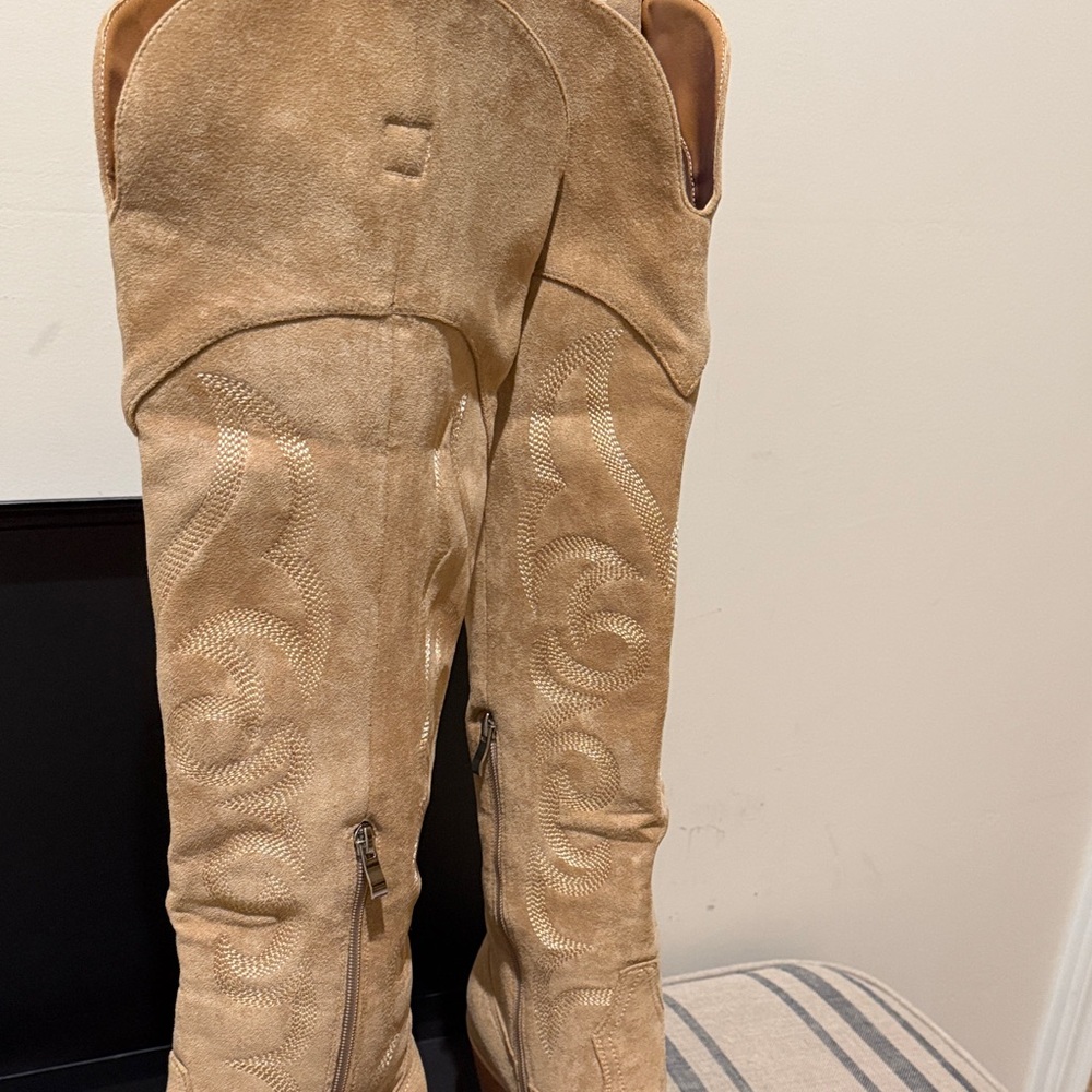 Isnom Tan Faux Suede Over the Knee-High Boots - Picture 6 of 13